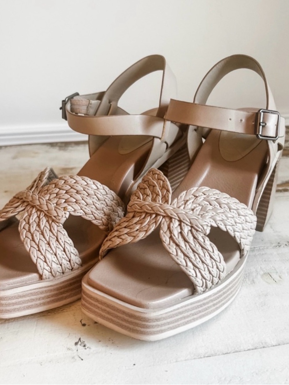 MIA Braided Platform Wedge Sandals in Light Taupe